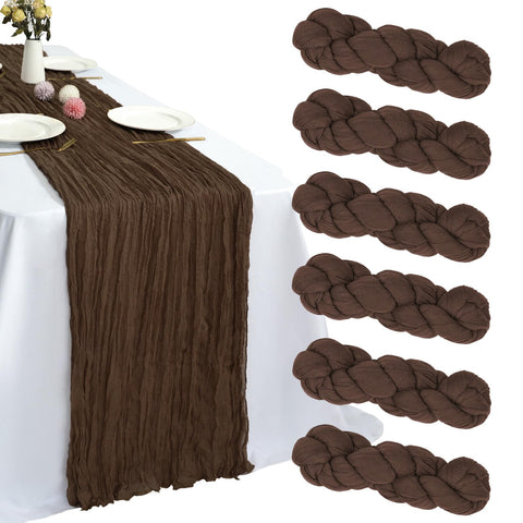 RestfulGlow brown cheesecloth table runner six-pack, 10ft each, ideal for large gatherings.