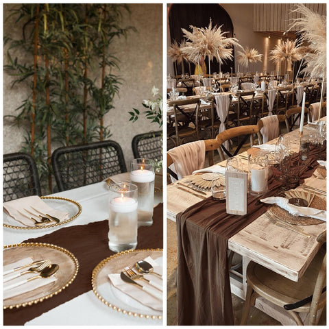 RestfulGlow fall boho setup uses brown cheesecloth for festive tablescapes.