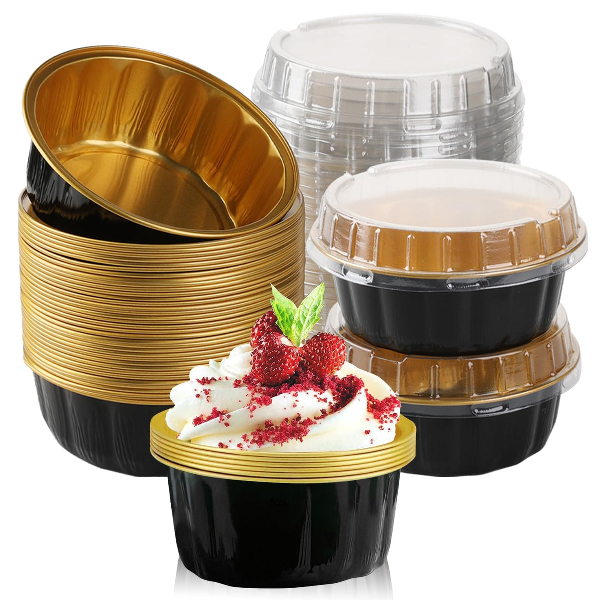 Retainbre 8 oz aluminum foil cup with lid for convenient, single-serve desserts.