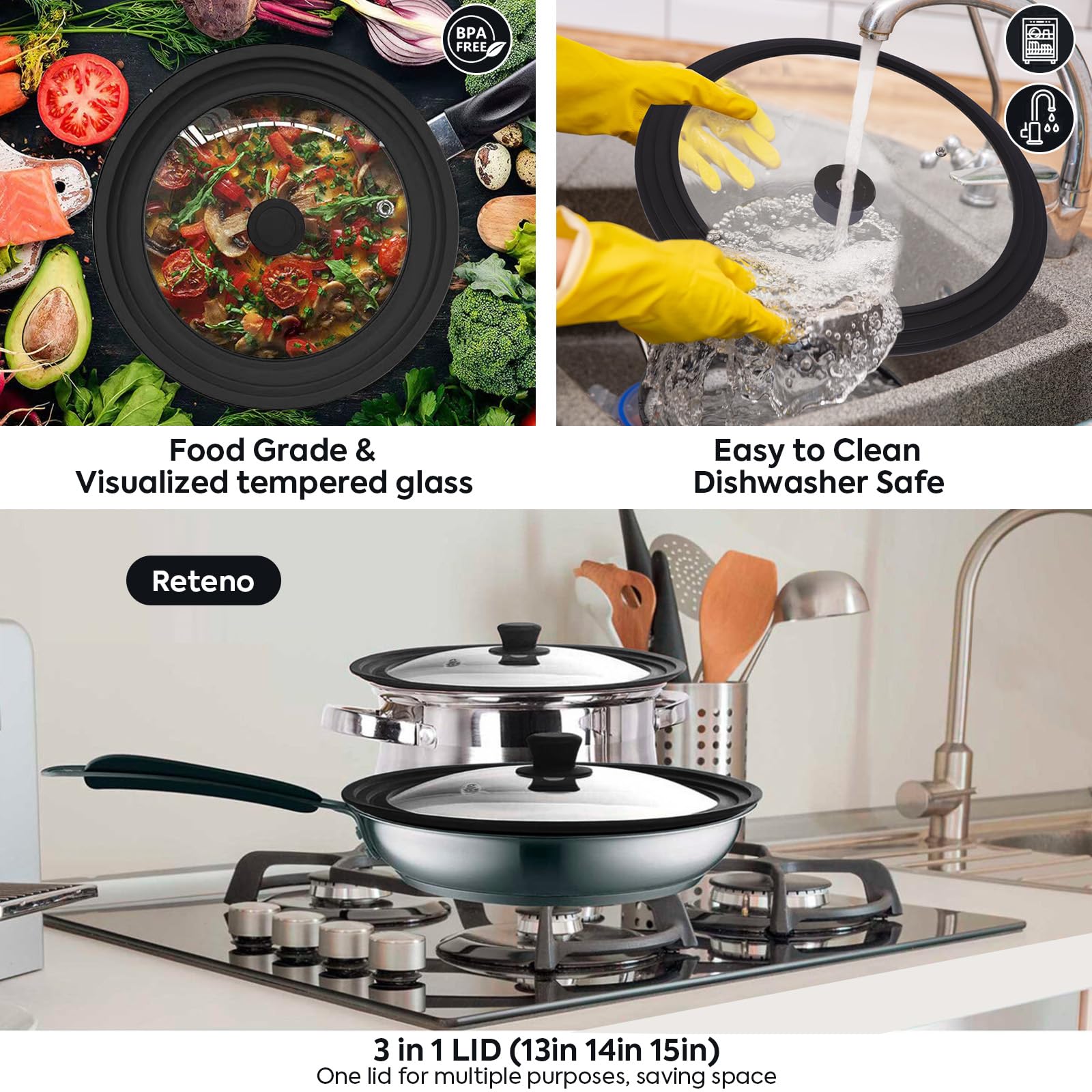 Reteno heat-resistant silicone rim lid enhances sealing and reduces splatter.