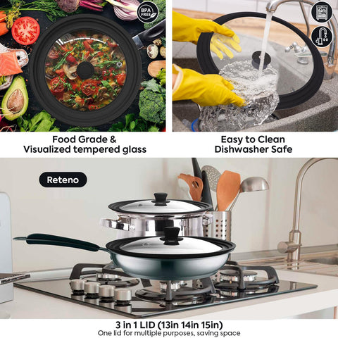 Reteno heat-resistant silicone rim lid enhances sealing and reduces splatter.