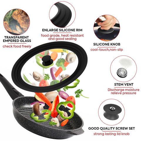 Reteno silicone-rim lid adds durability and safe handling during cooking.
