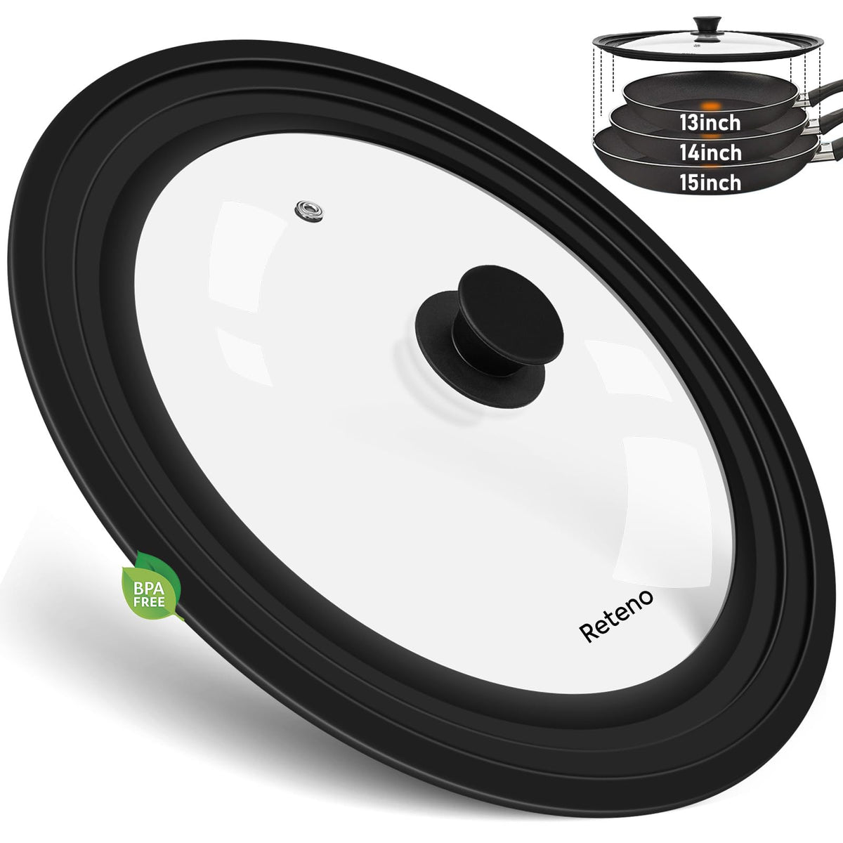 Reteno universal lid 13in for pots with secure fit and easy monitoring.