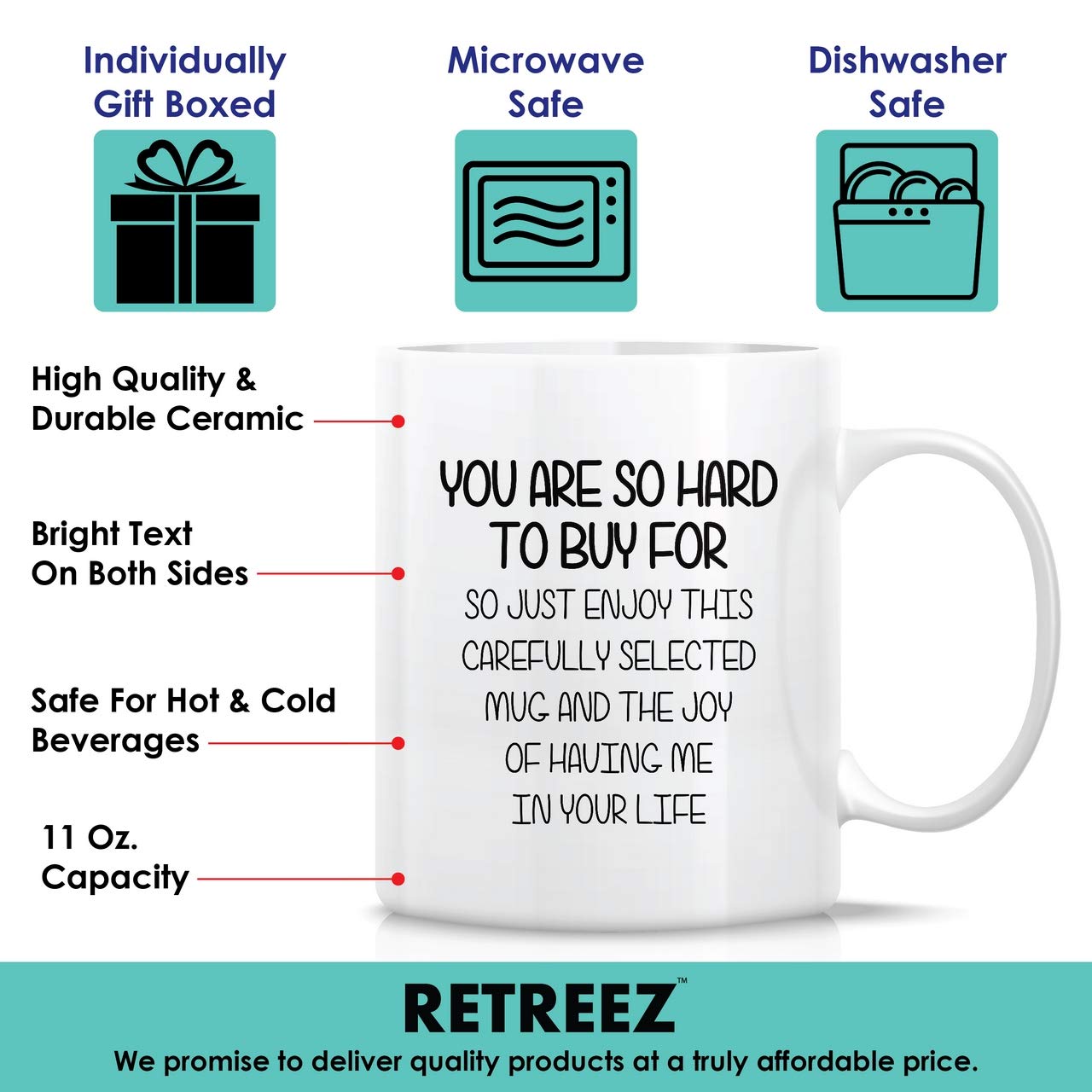 Retreez 11oz ceramic mug with visible handle, ideal gift idea.