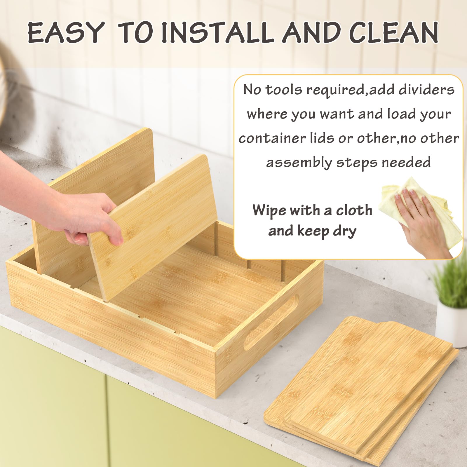 Retro Shaw bamboo lid organizer stored in a drawer saves cabinet space