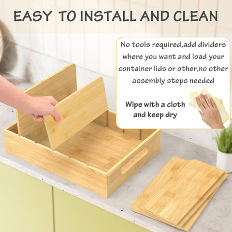 Retro Shaw bamboo lid organizer stored in a drawer saves cabinet space
