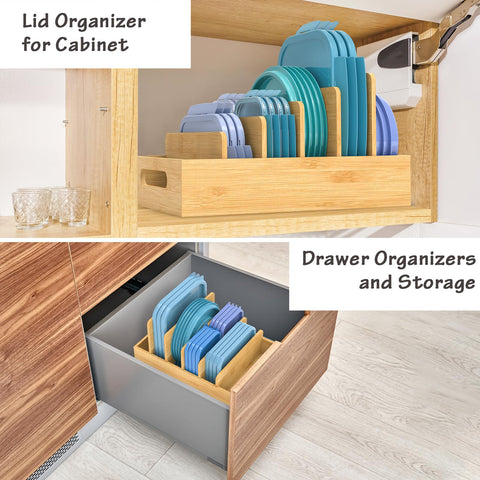 Retro Shaw bamboo lid organizer mounted on cabinet door for easy lid access