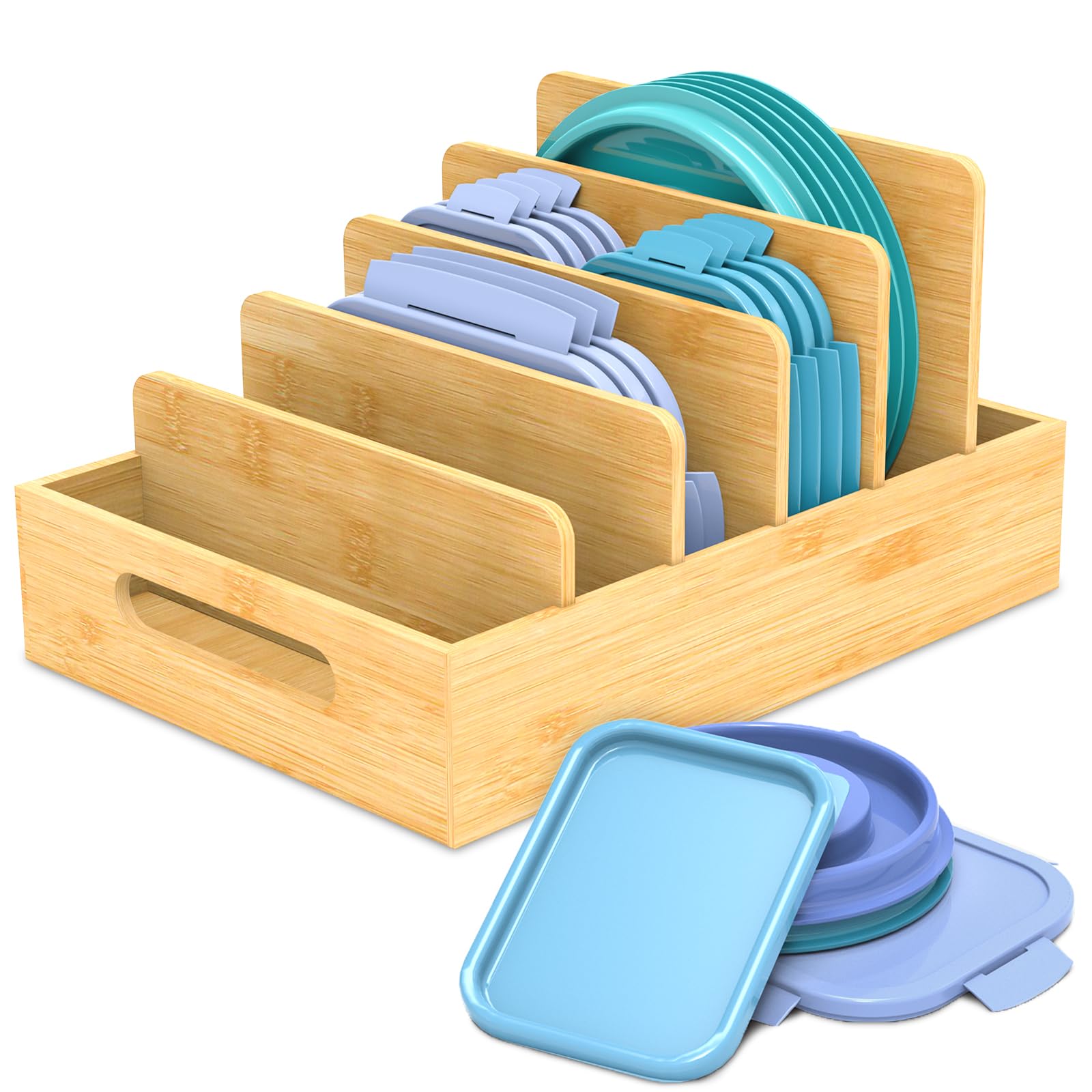Retro Shaw bamboo lid organizer top view with adjustable dividers for tidy lids