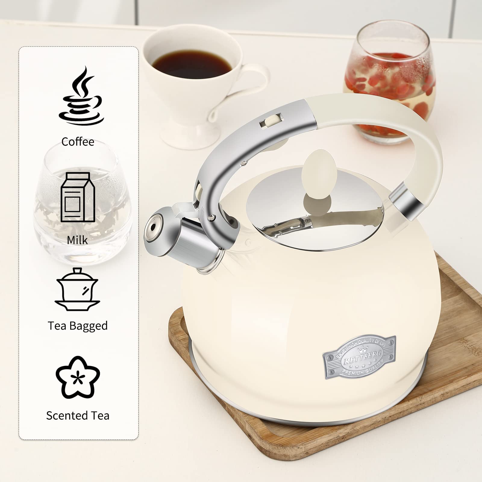 Rettberg cream kettle uses 304 stainless steel for rust resistance.