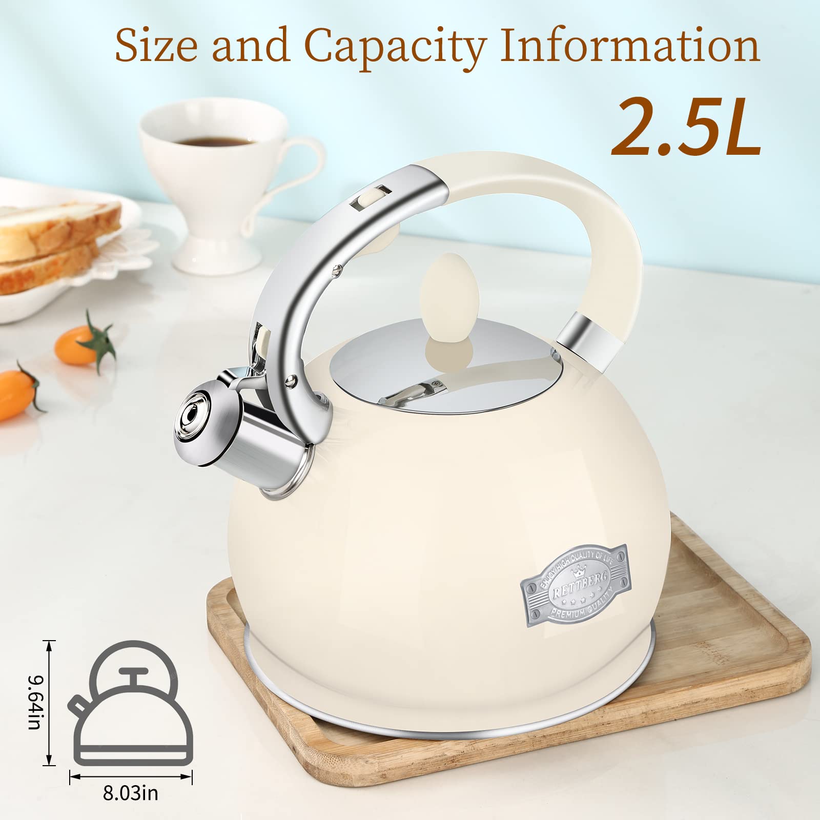 Rettberg cream tea kettle features a cool-touch handle for safe pouring.