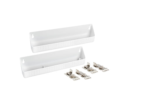Rev-A-Shelf 14-inch tip-out tray in white for kitchen base cabinets, enhances organization and access.