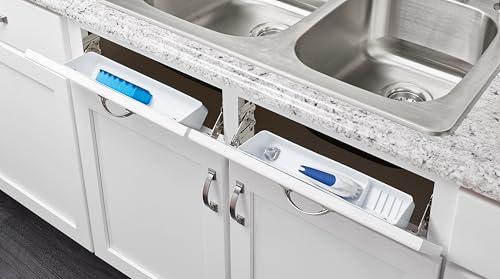 Rev-A-Shelf tray with ring holder in white helps keep small items organized.