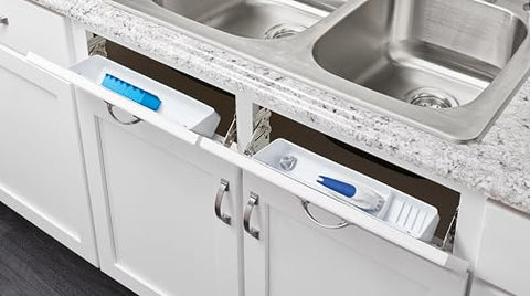Rev-A-Shelf tray with ring holder in white helps keep small items organized.