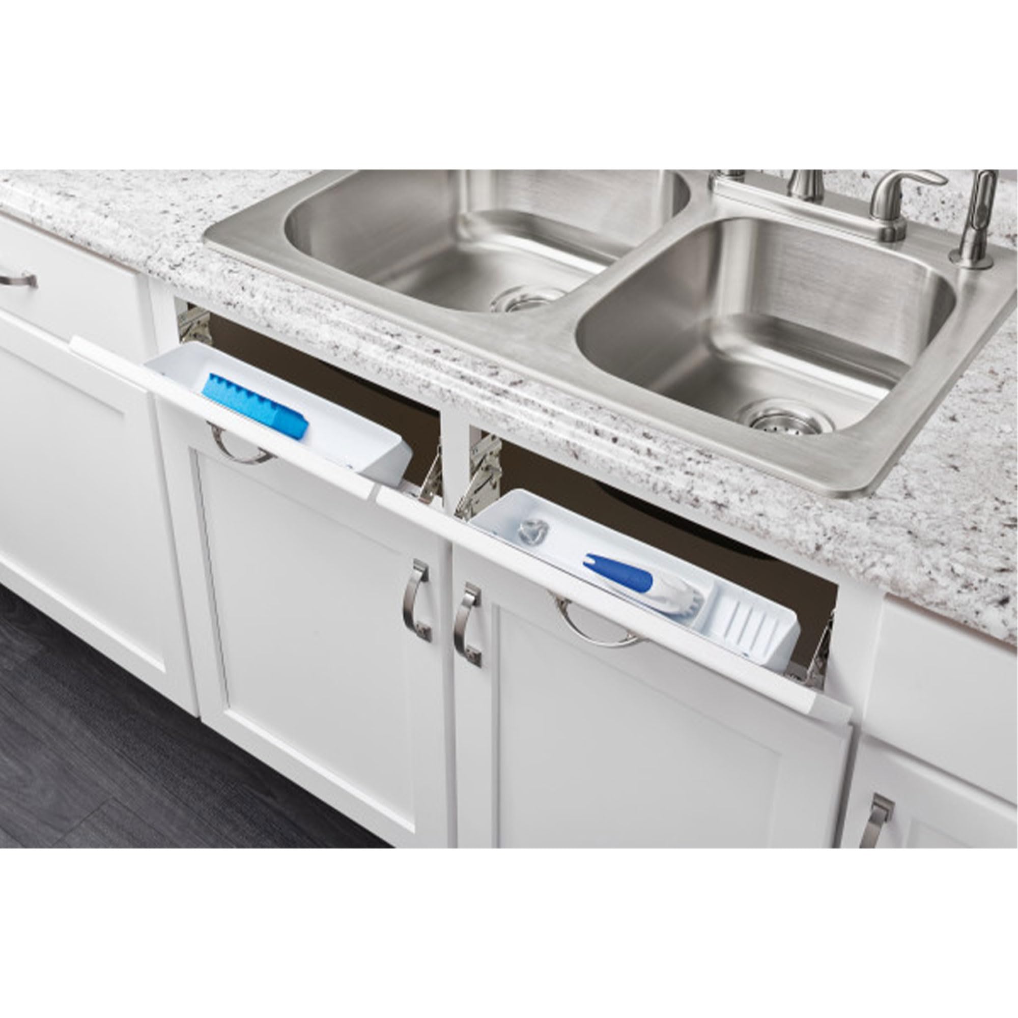 Close-up of Rev-A-Shelf self-holding hinges for quick setup