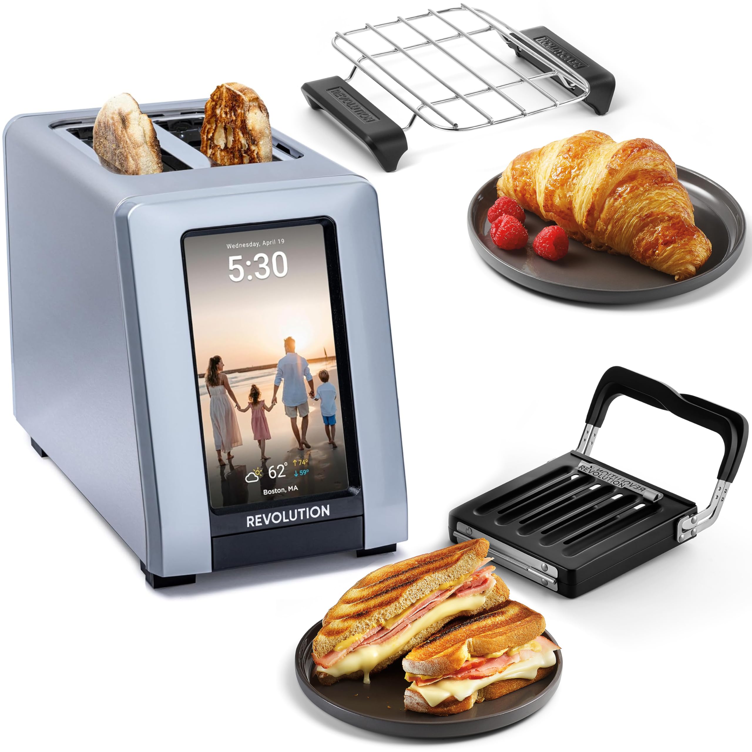 Revolution R180 Connect Plus toaster front view in premium stainless finish for a sleek kitchen upgrade.