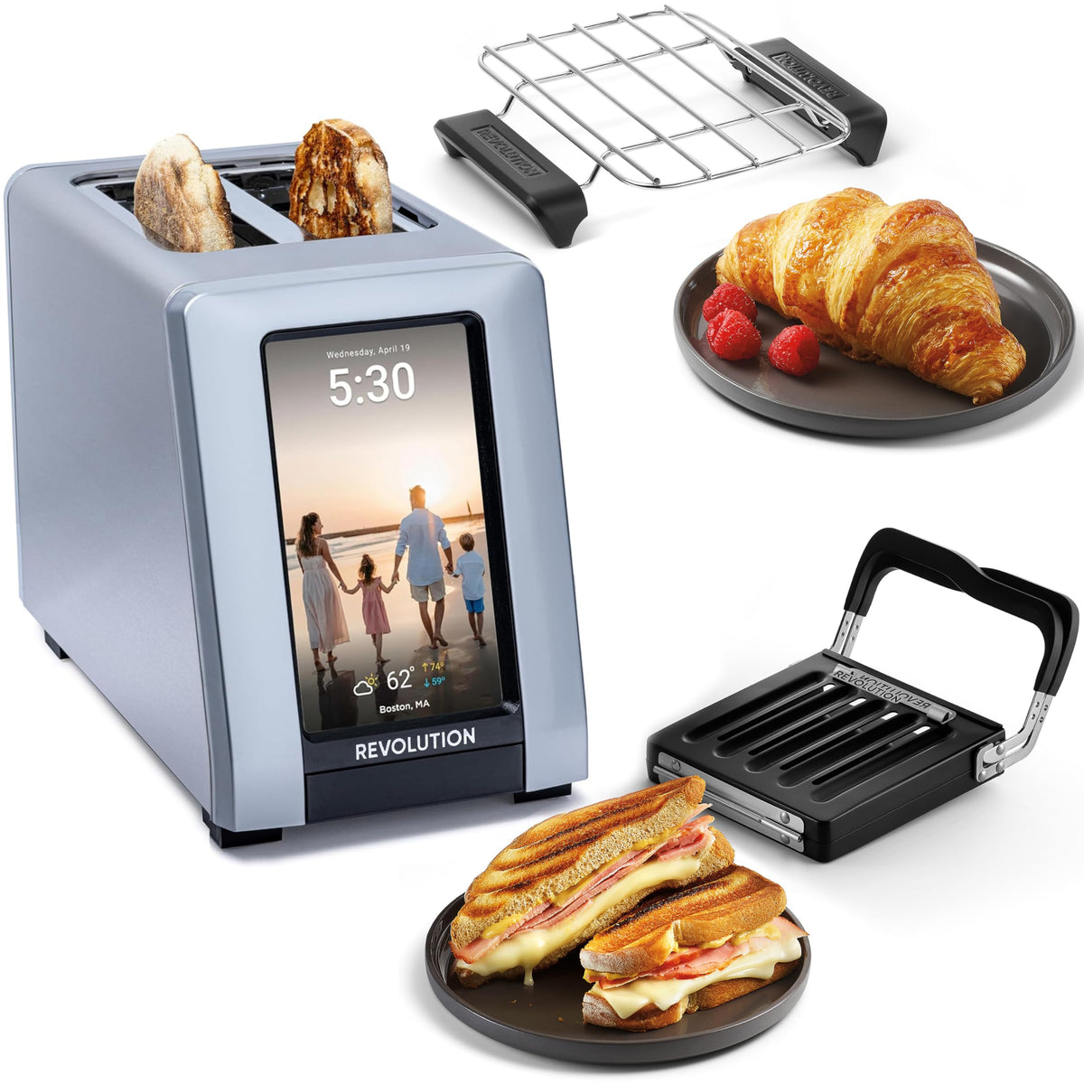 Revolution R180 Connect Plus toaster front view in premium stainless finish for a sleek kitchen upgrade.