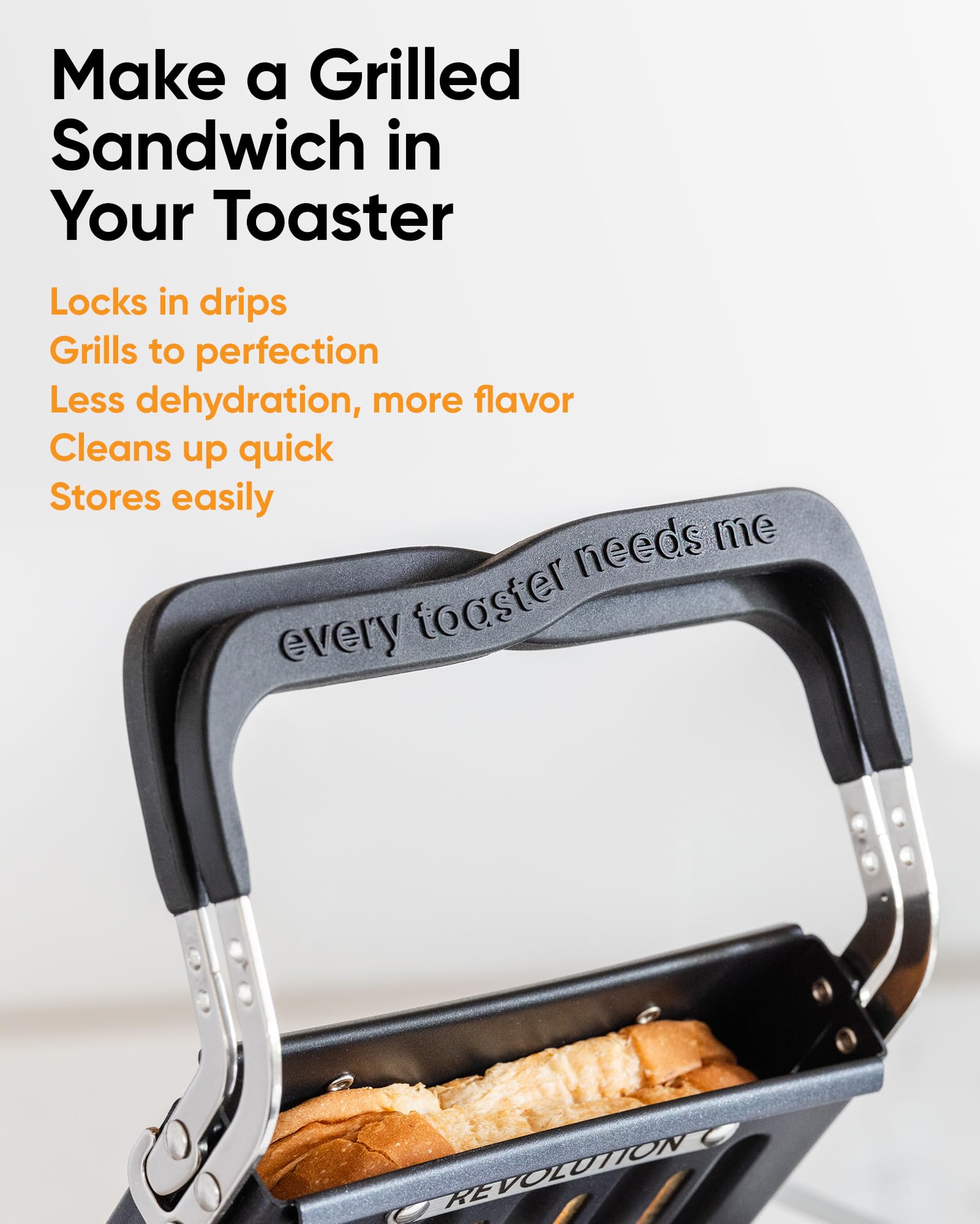 Revolution Toastie Press clamshell design seals melts neatly for mess-free meals.
