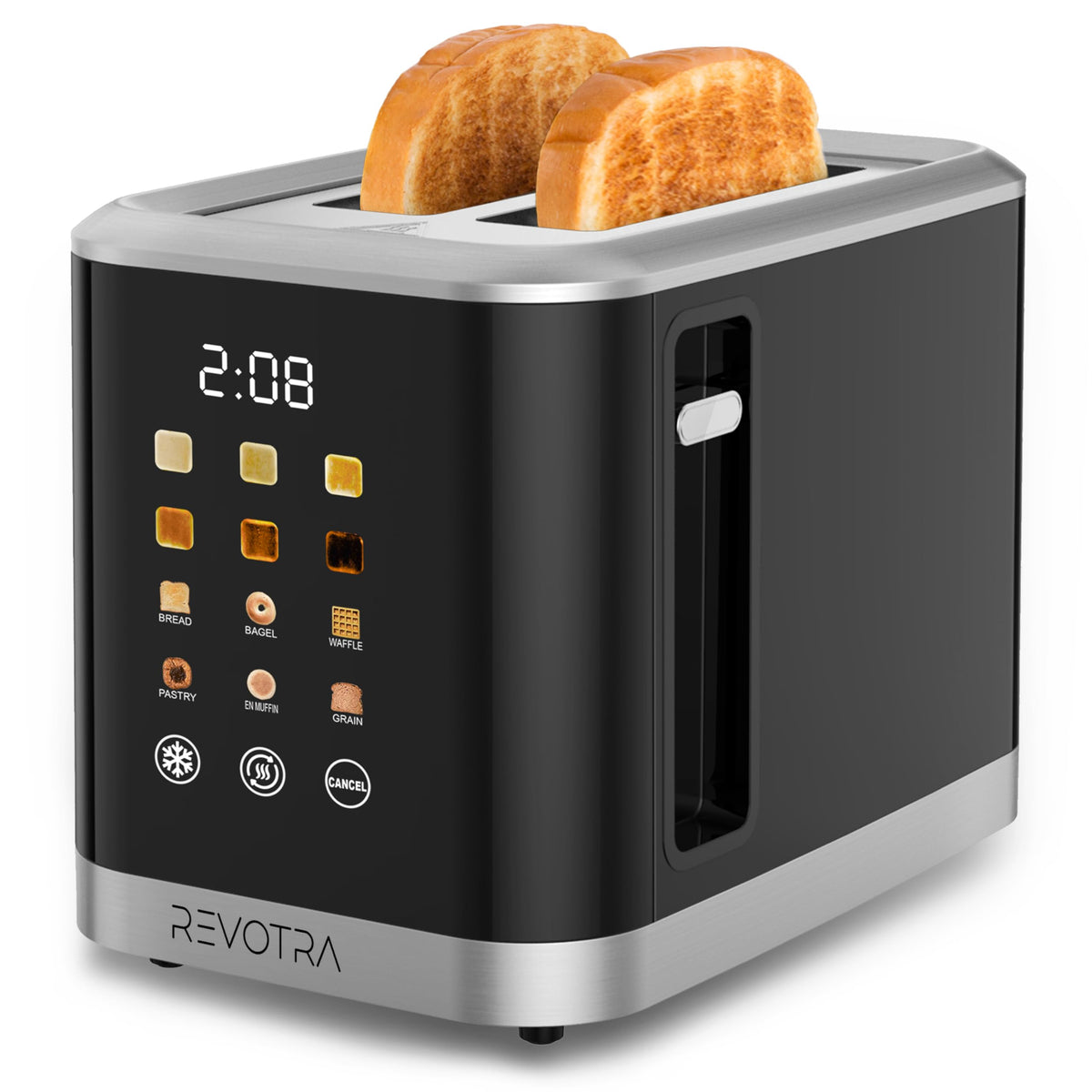 REVOTRA 2-Slice Toaster with LED display shows real-time browning progress.