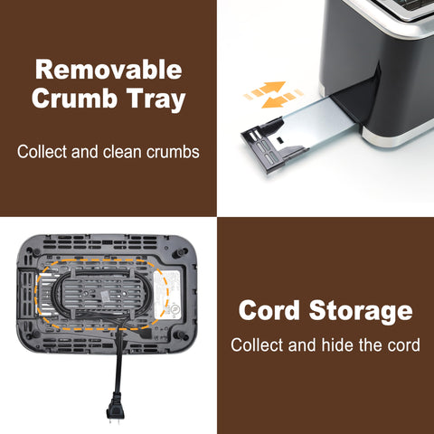 REVOTRA removable crumb tray makes cleanup quick after breakfast pastries.