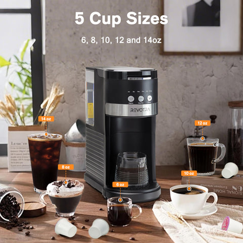 Revotra 6 to 14 oz brew sizes ideal for espresso or full mugs.
