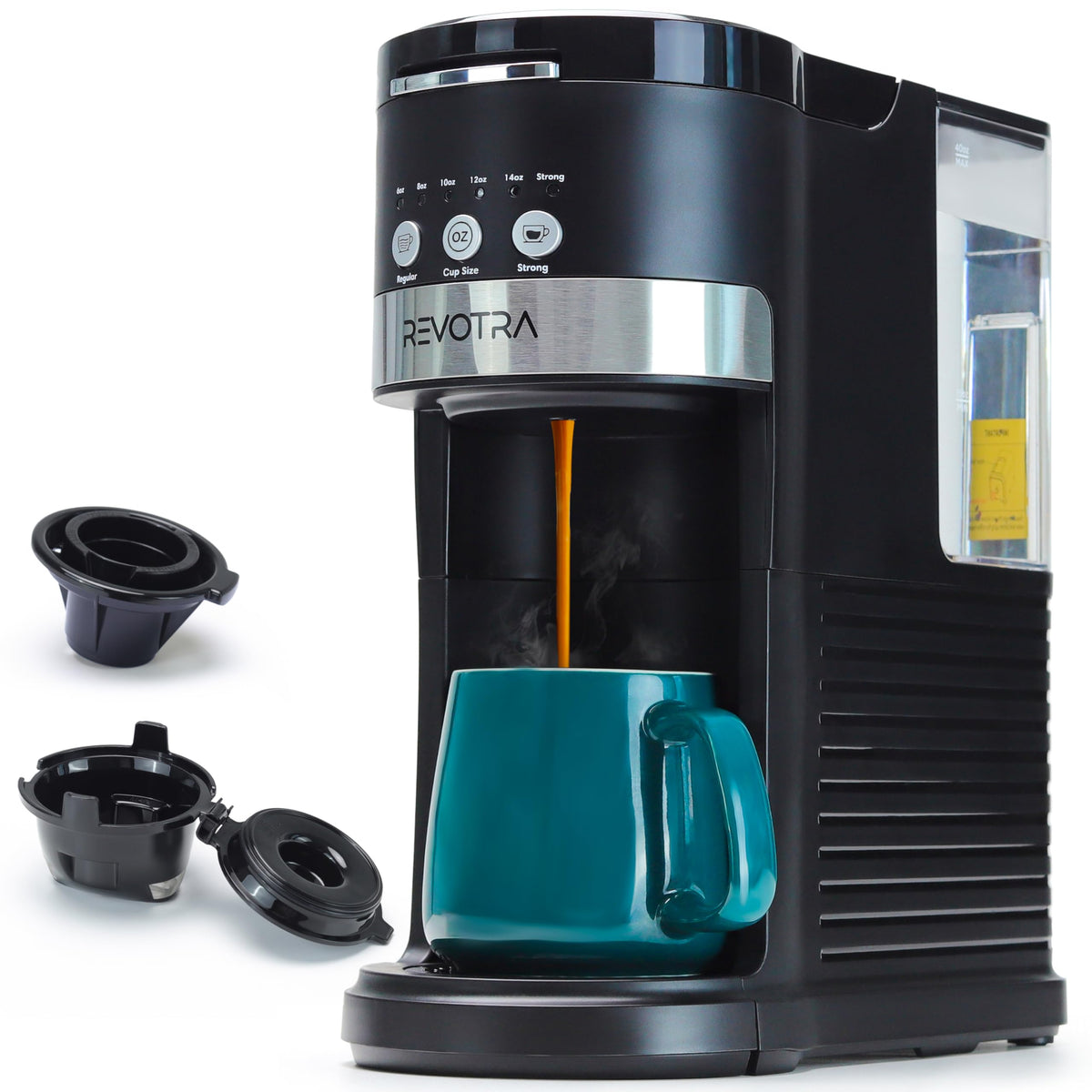 Revotra single-serve coffee maker with pods and ground compatibility for versatile brewing.