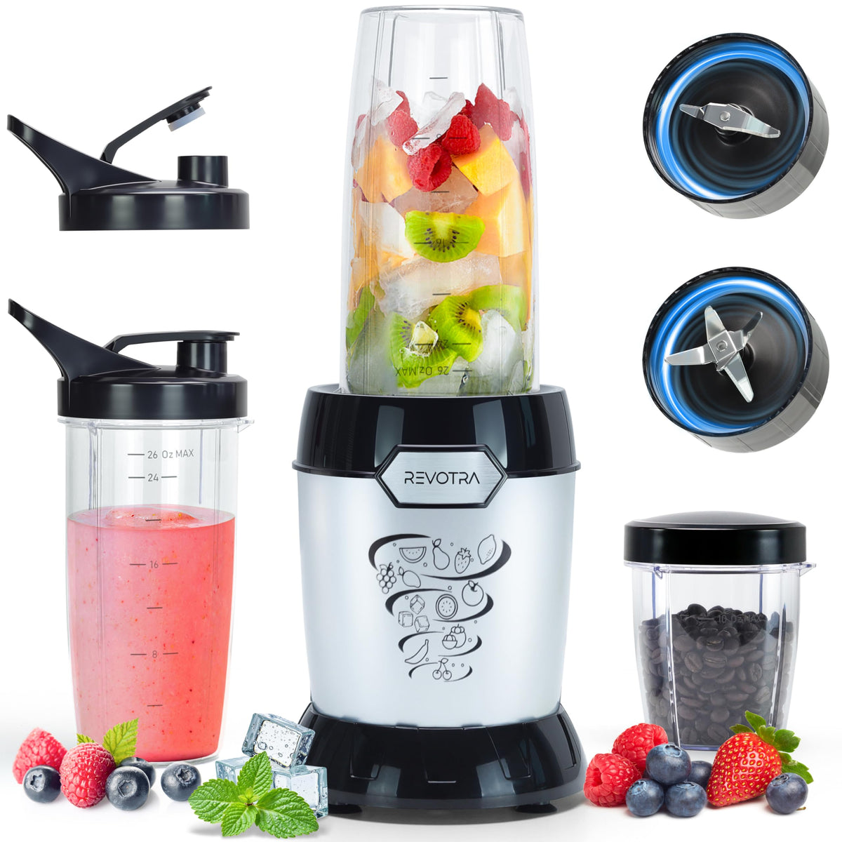 REVOTRA smoothie blender with 1200W motor in front view for ice crushing