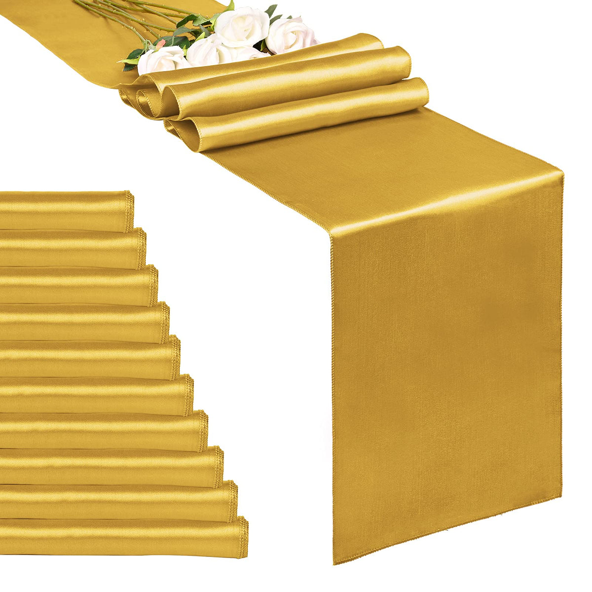 REWOMC gold satin table runner on a long banquet table for elegance.