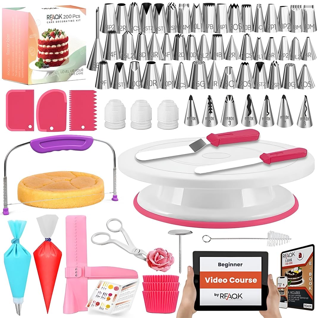 Rfakk 200pcs cake decorating kit with all-in-one setup for home bakers