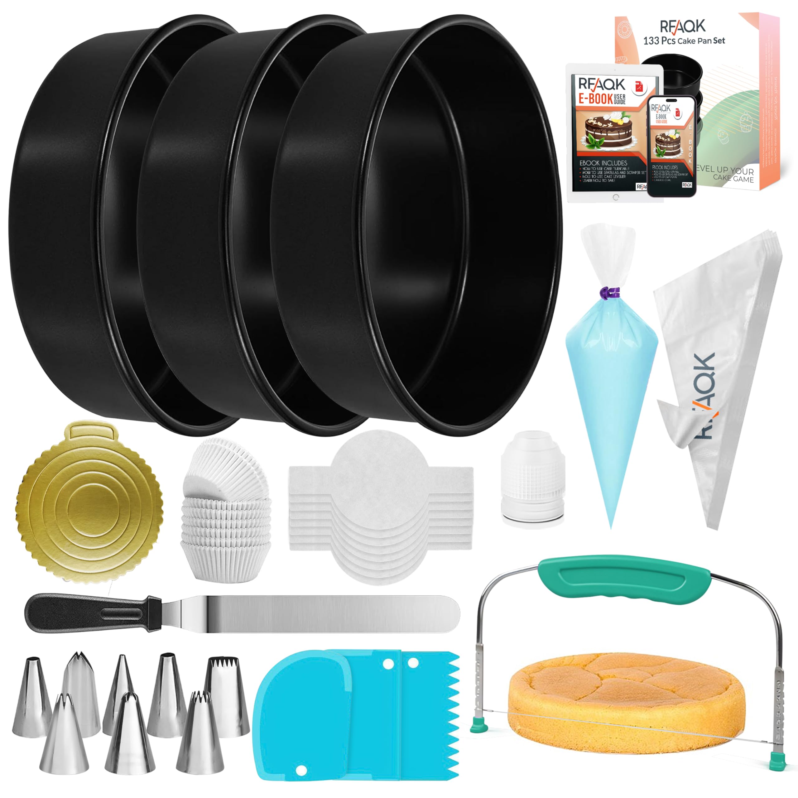 RFAQK 133pc round cake pans set contents for versatile baking and decorating