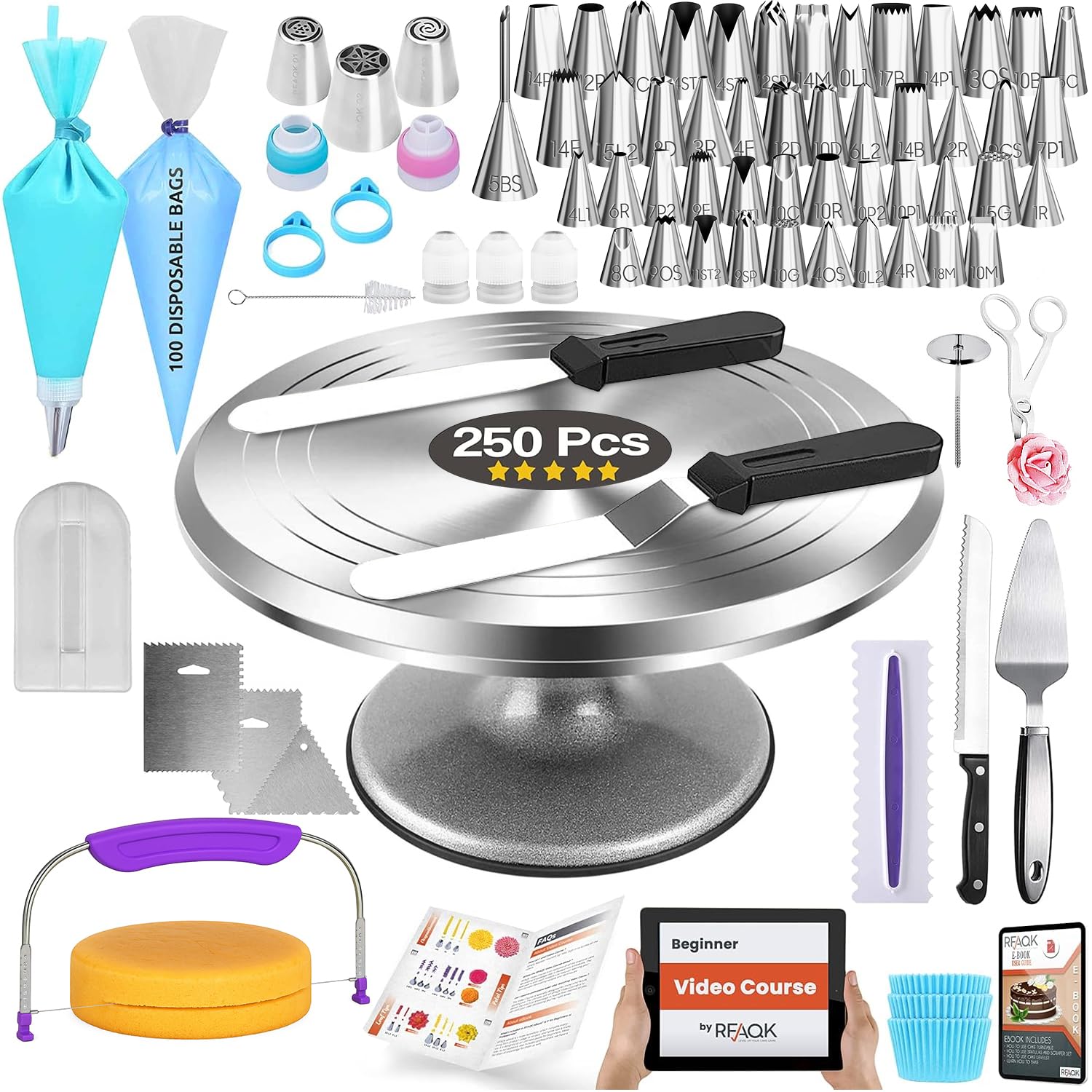 RFAQK 250pc cake decorating kit with turntable for precise icing