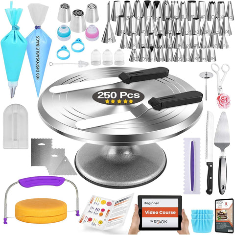 RFAQK 250pc cake decorating kit with turntable for precise icing