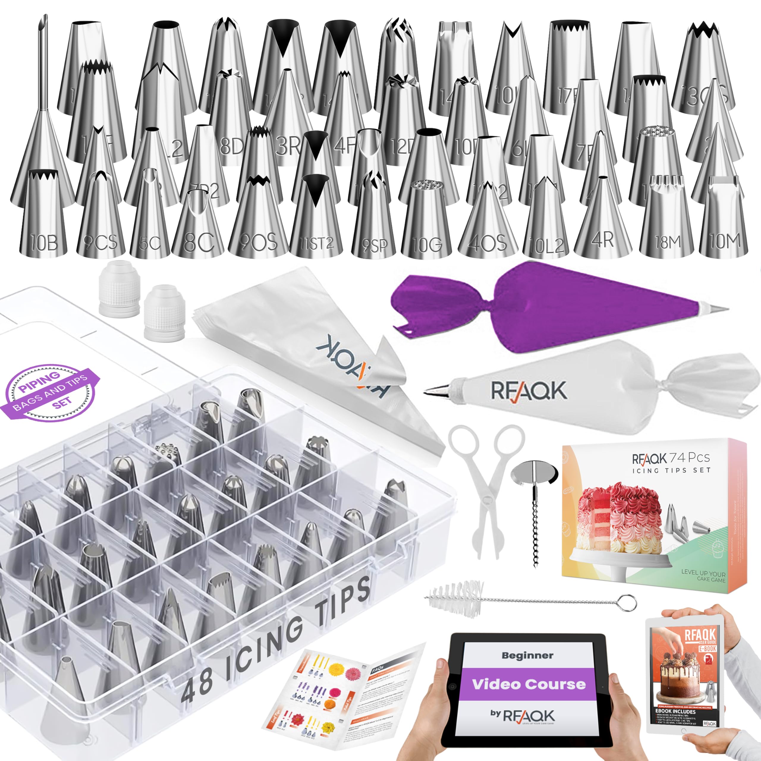 RFAQK 74-piece icing set with bags at a glance, ideal for starting cake decorating.