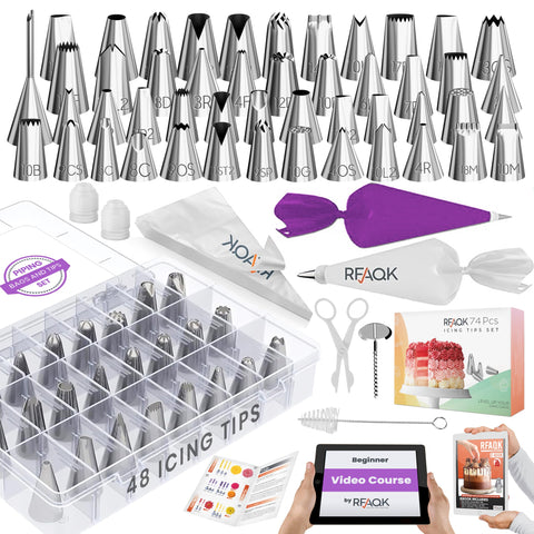 RFAQK 74-piece icing set with bags at a glance, ideal for starting cake decorating.