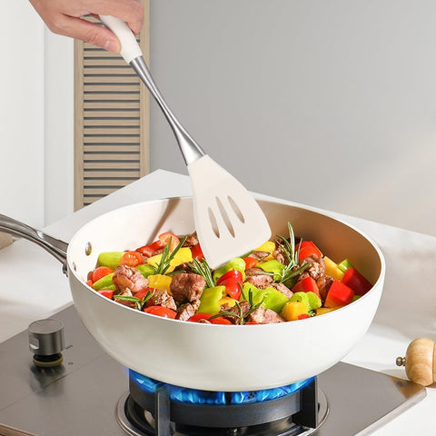 RFSCDI slotted spoon drains liquids without scratching nonstick surfaces