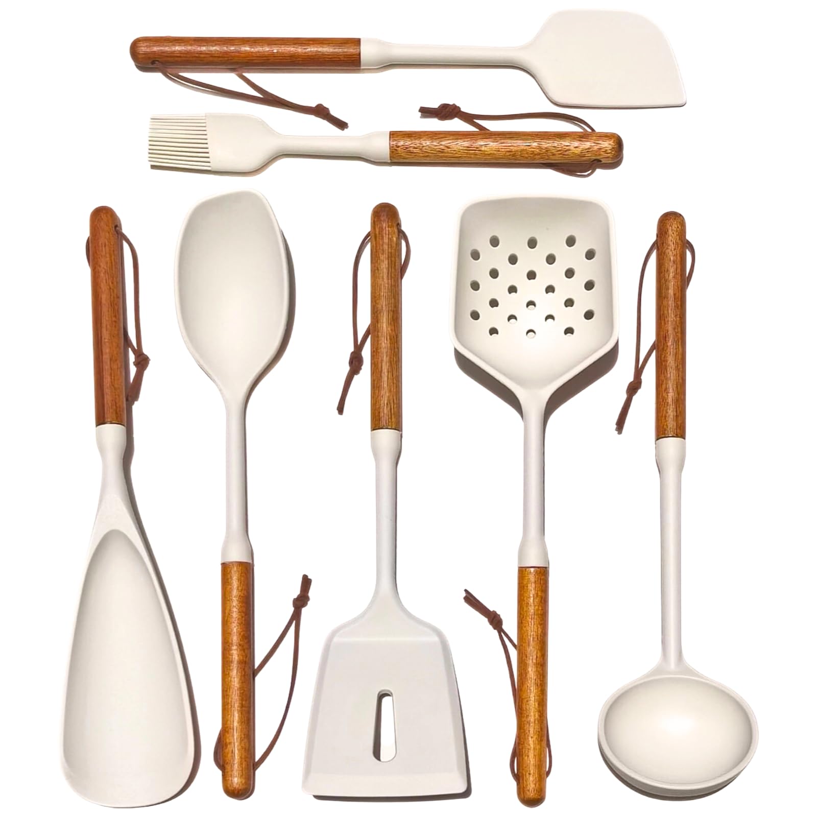 RFSCDI white silicone spatula with wood handle for gentle flipping on nonstick cookware.
