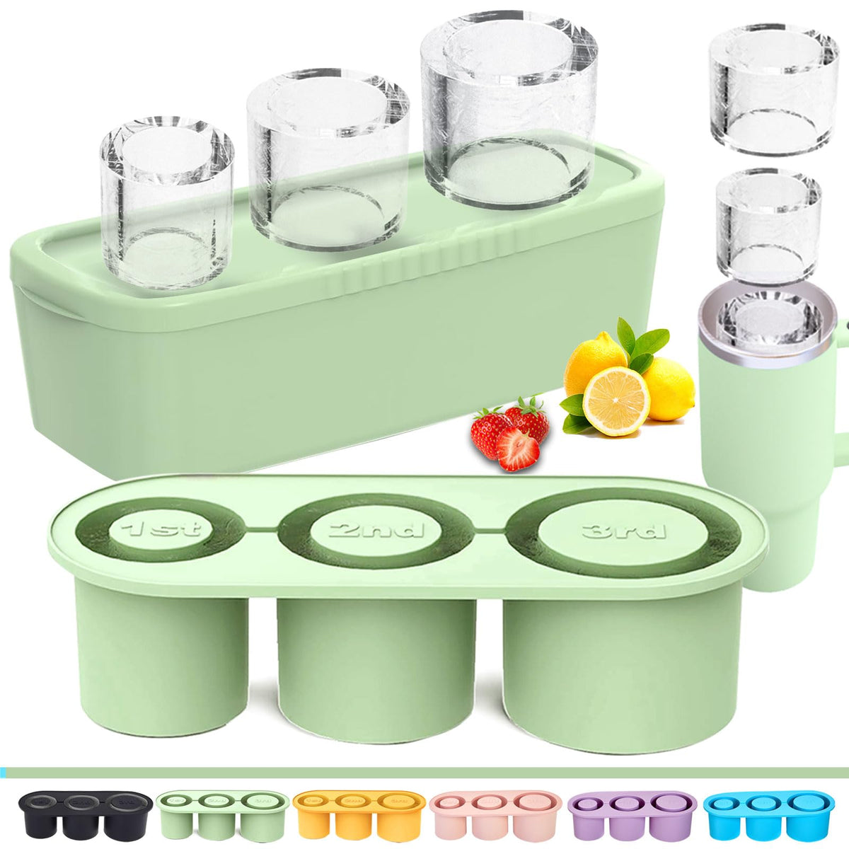 Rhewatin tumbler ice tray with stacked hollow cylinders for precise fit in 40oz tumblers.
