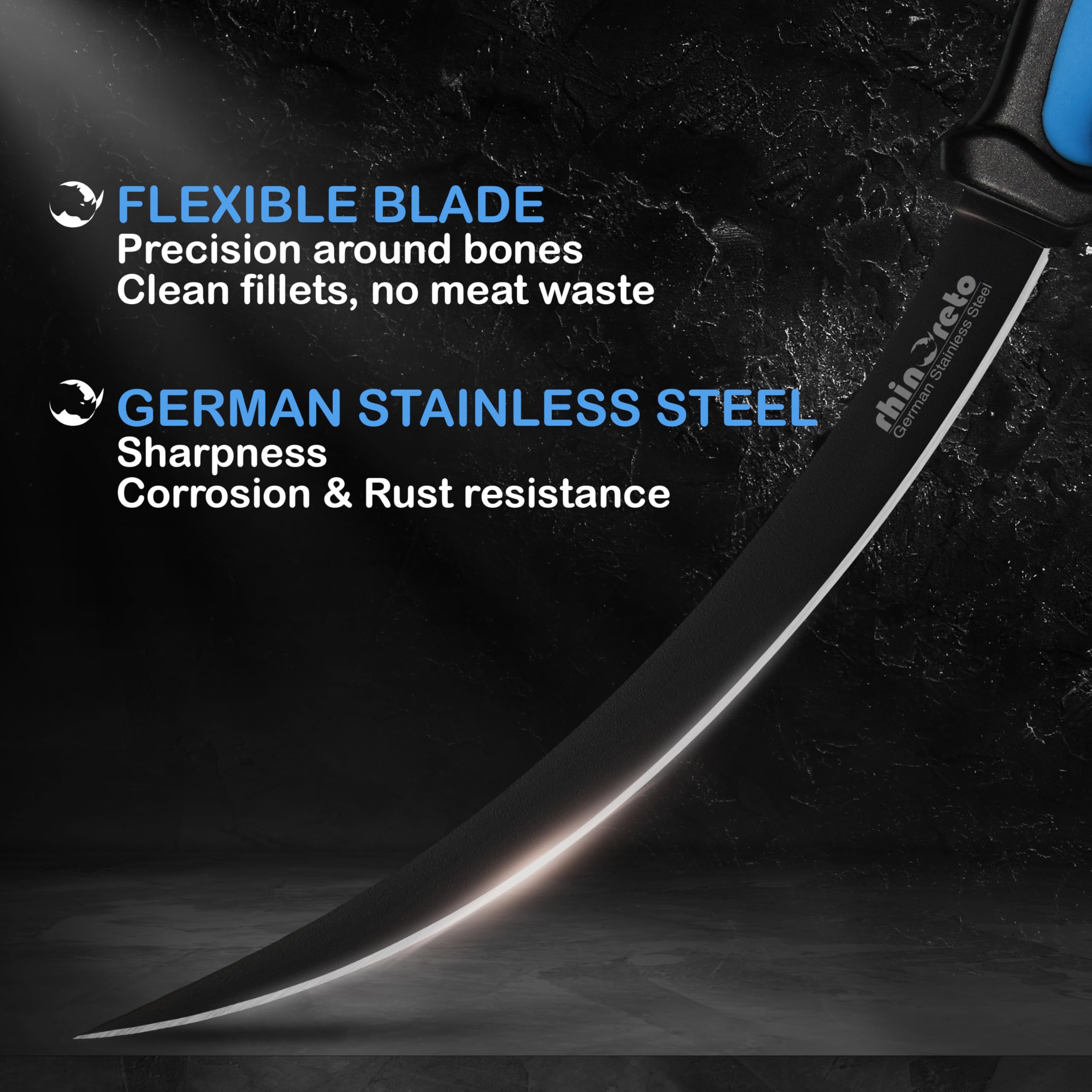 Rhinoreto Fillet Knife flexible curved blade for easy fish filleting.