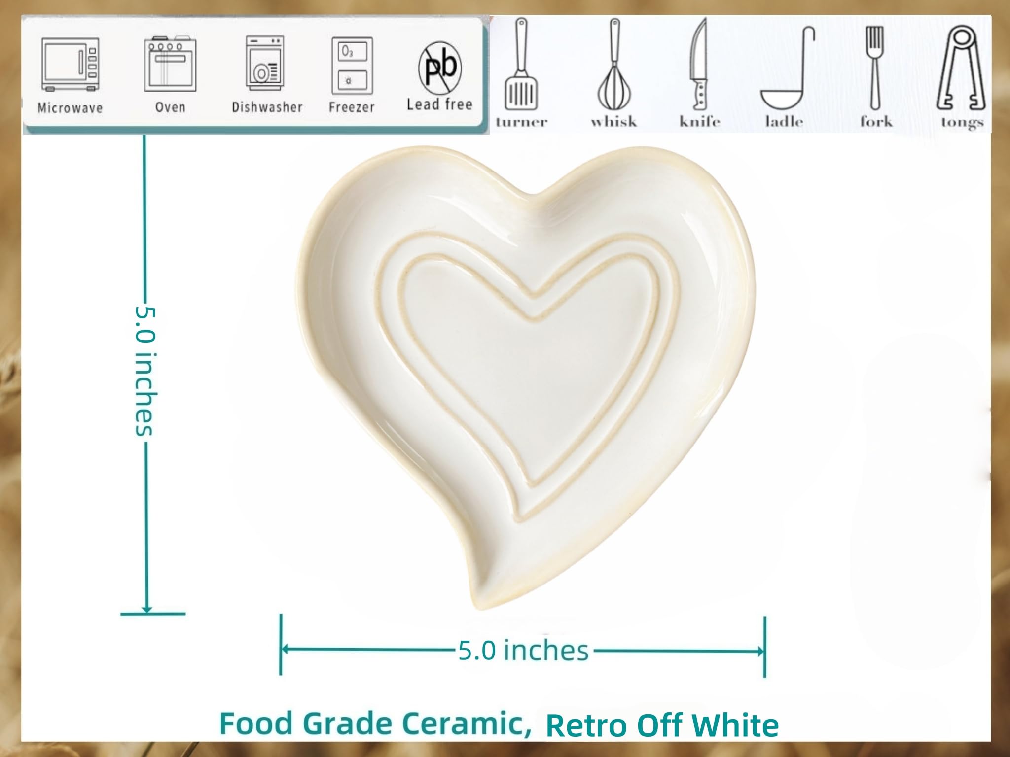 Rhobtyne heart-shaped spoon rest demonstrates safe, cadmium-free ceramic quality.