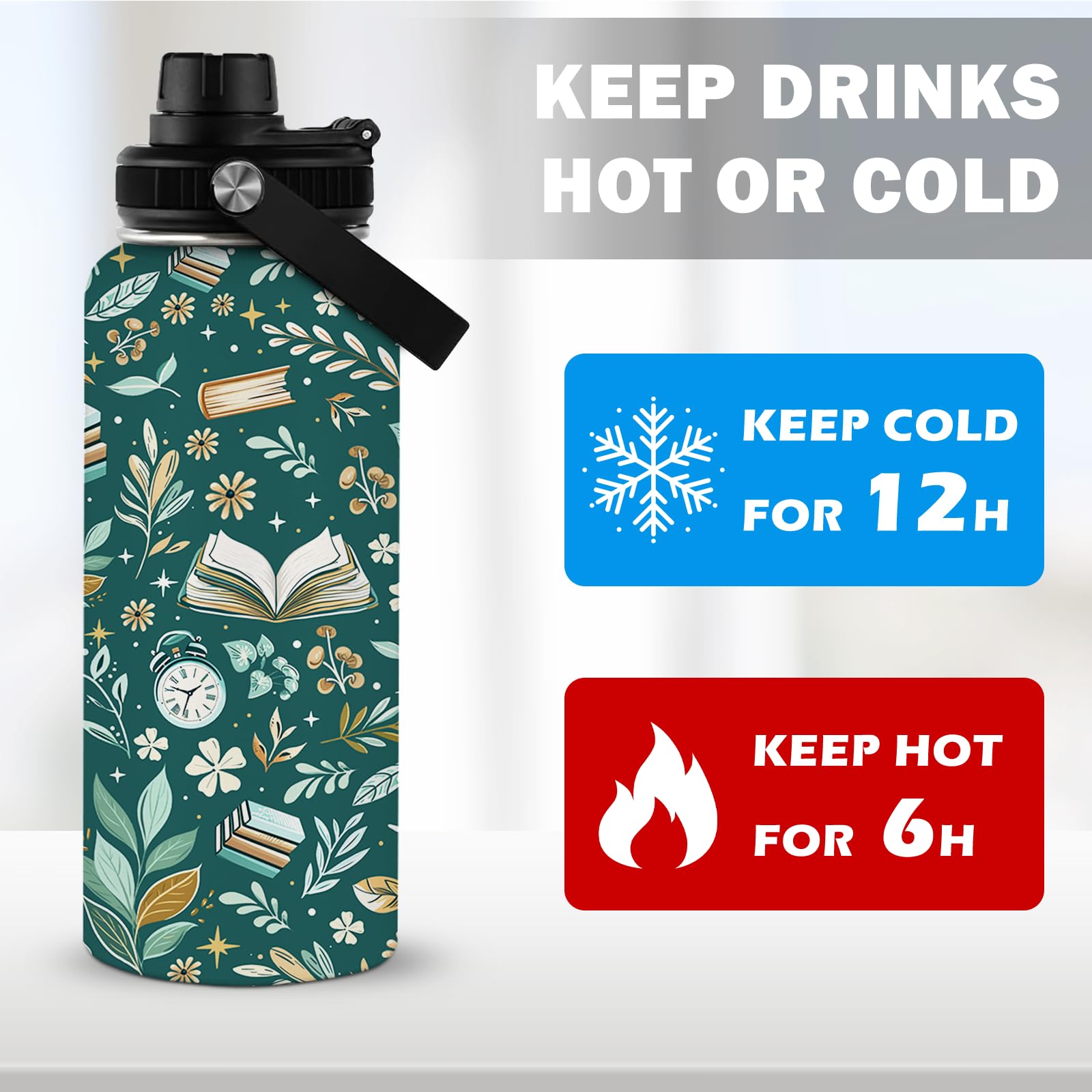 RHONGE Reading Bottle flip-top lid for easy one-handed sipping on the move