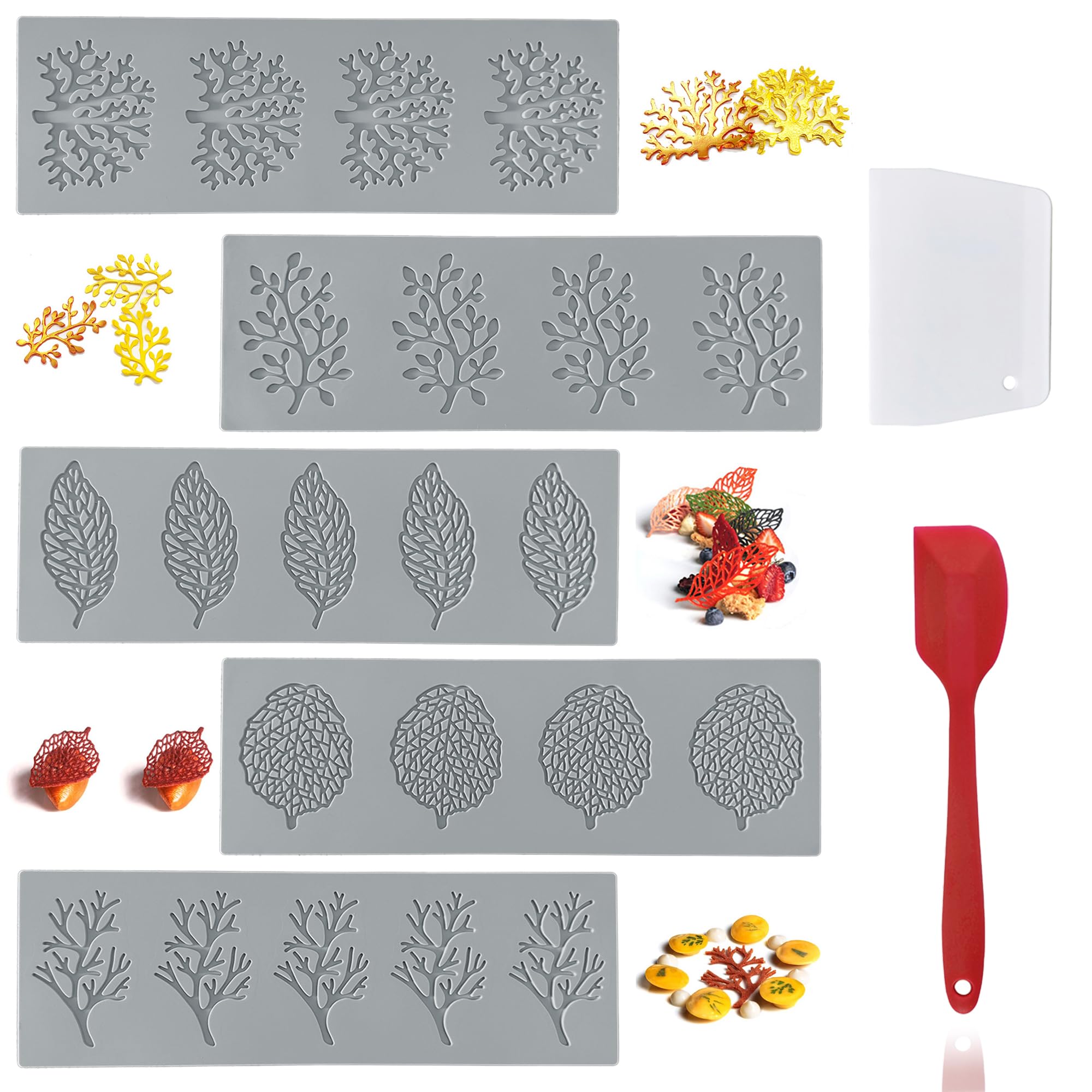 RHVQ leaf silicone molds set with five patterns for intricate fondant accents.