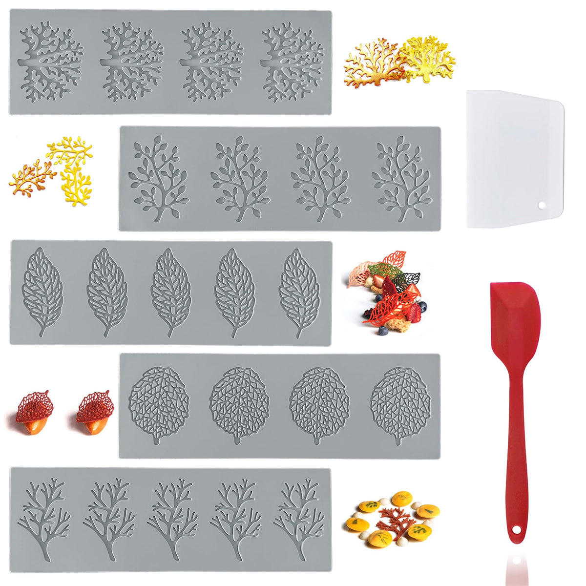 RHVQ leaf silicone molds set with five patterns for intricate fondant accents.