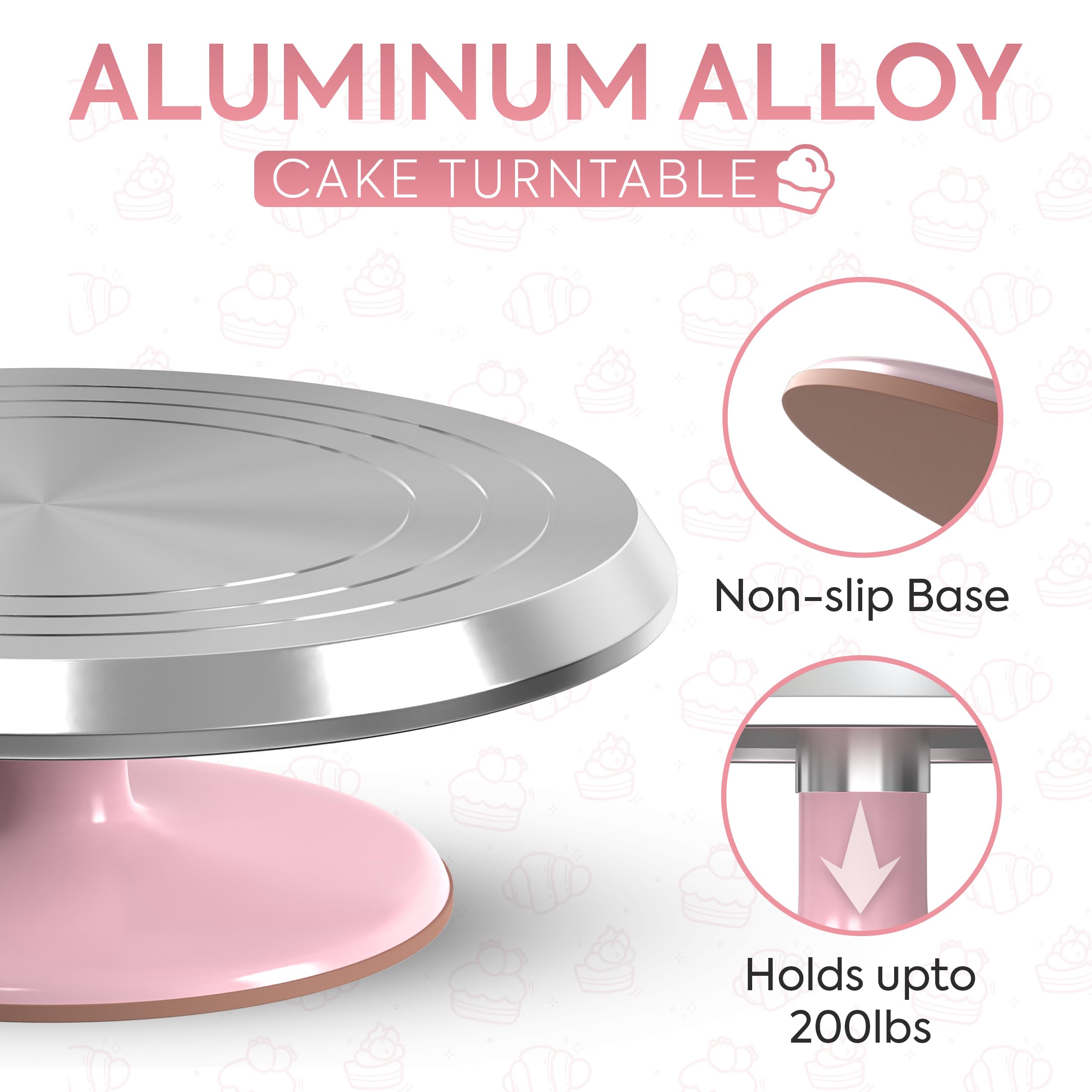 Riccle 360-degree rotating cake stand enables full access for frosting and piping.