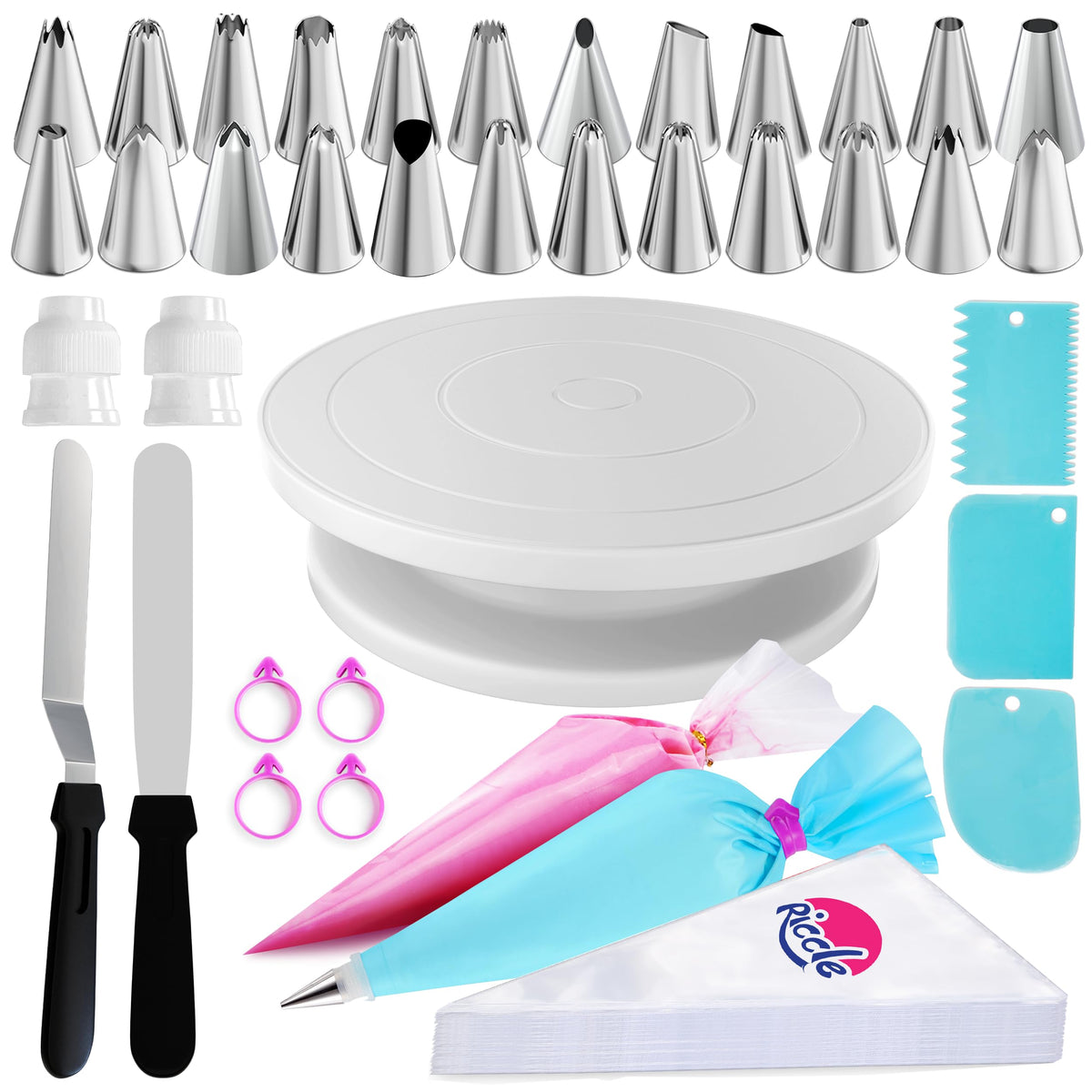 RICCLE 88-pcs cake decorating kit on the turntable for smooth frosting