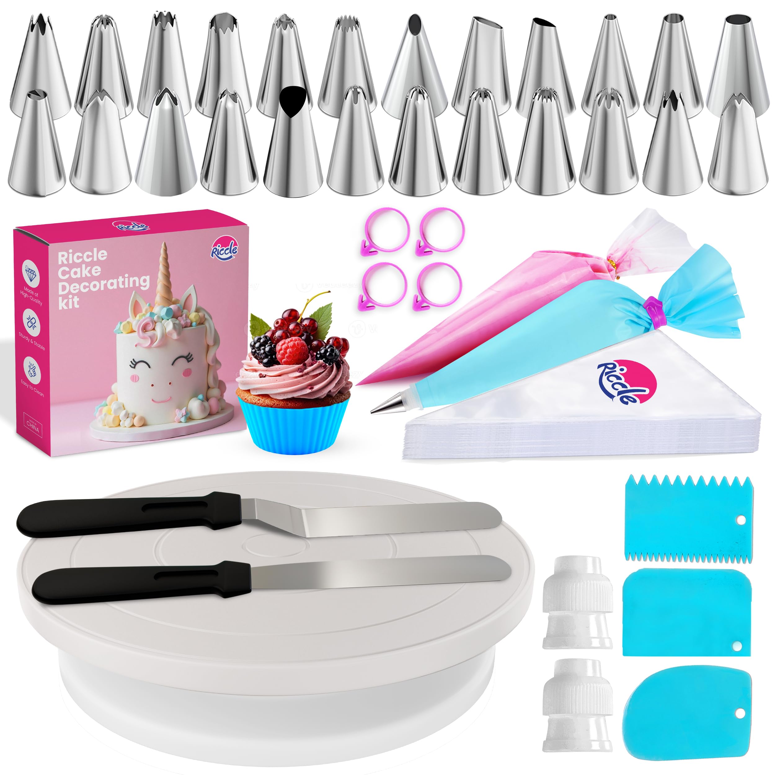 RICCLE 94-pcs kit with turntable, smooth rotation aids precision icing.