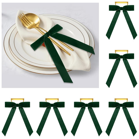 Riceshoot velvet bow napkin ring in green on gold ring for holiday tables