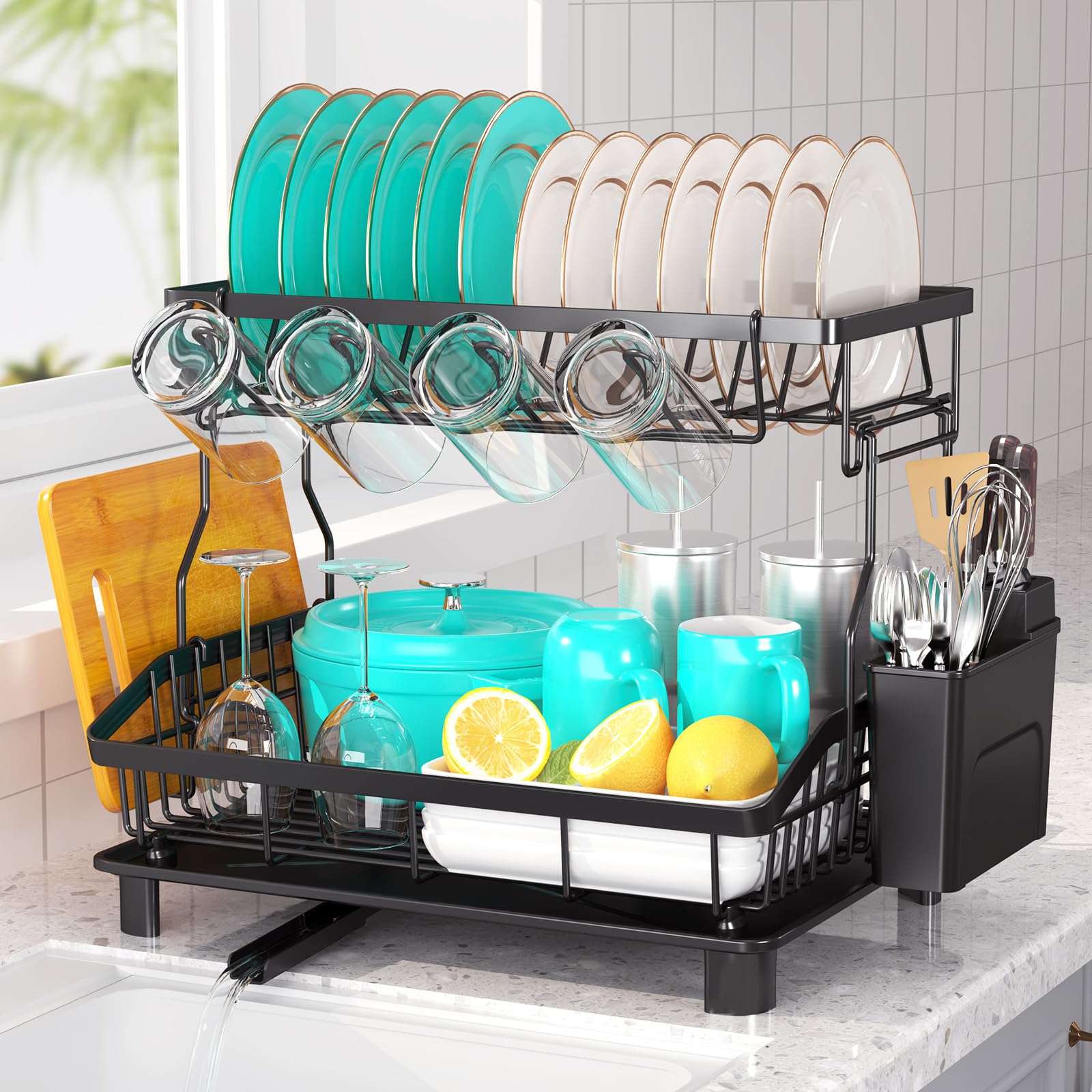 Ricobes 2-tier dish drying rack with large capacity for bowls and plates on the countertop