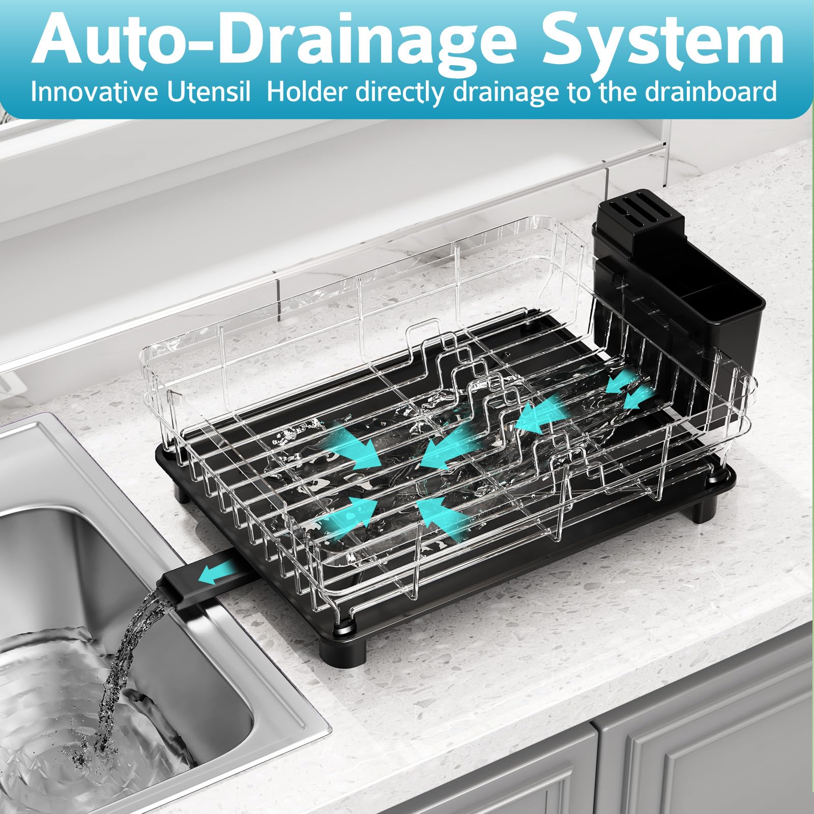 Ricobes dish rack with drainboard channels water efficiently to the sink.