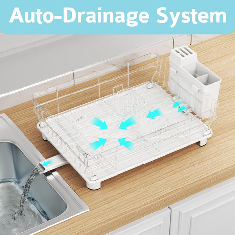 Ricobes dish rack with drainboard directing water to the sink for quick drying