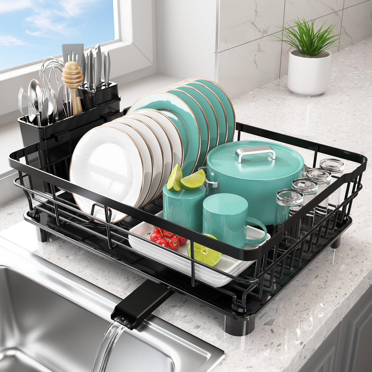 Ricobes space-saving dish rack demonstrates compact design that keeps counters tidy.