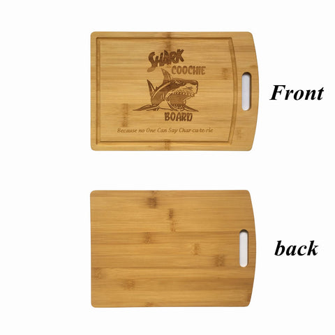 Rider Mike bamboo cutting board with juice grooves for easy serving and cleanup.